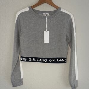 NEW Mimi Girl Gang Crop Sweatshirt Grey White Track Stripe Black Band Athleisure